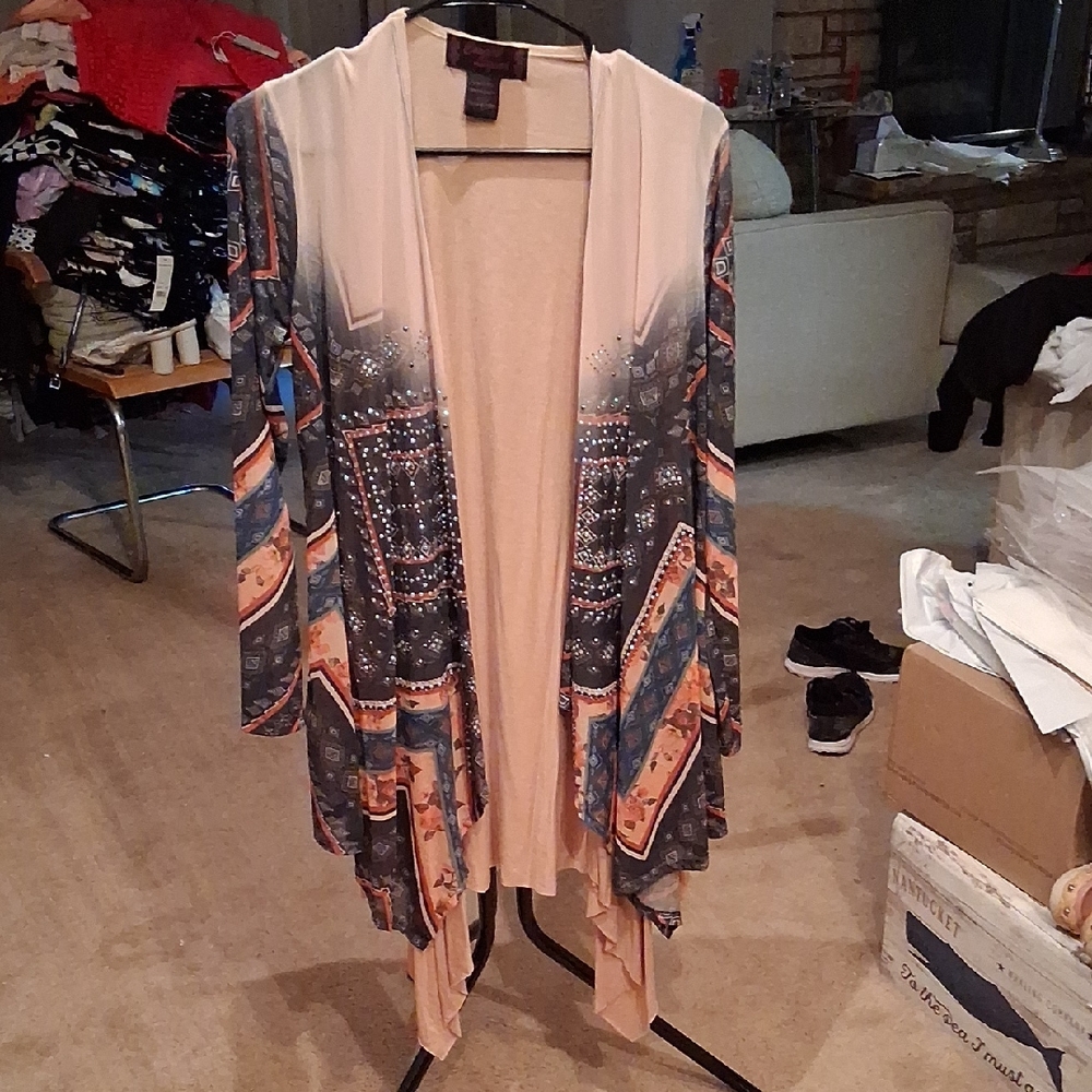 Chic Beige and Navy Patterned Cardigan